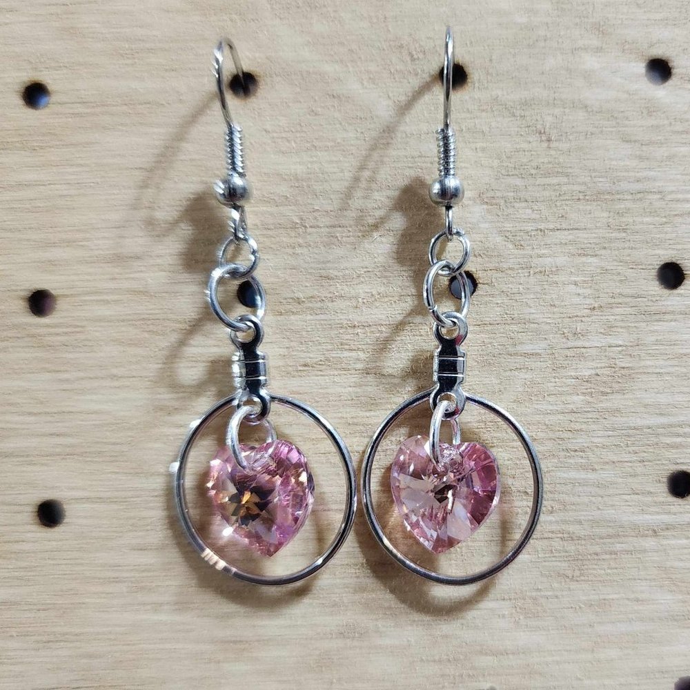 Hand Crafted Pink Heart Crystal Dangle Earrings
